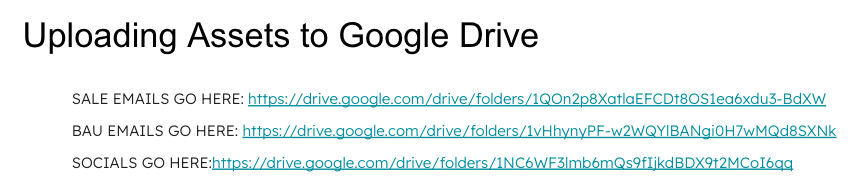 Uploading Assets to Google Drive slide, showing the client's internal production folder links to disregard